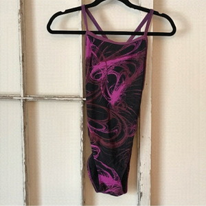 SPORTI one piece swim suit black with purple swirls. Size 34.